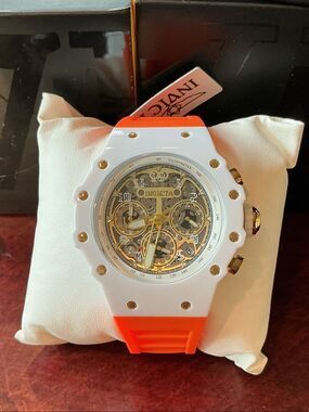Invicta White Bezel Orange Strap Gold-Accented Skeleton Chronograph Watch 69651